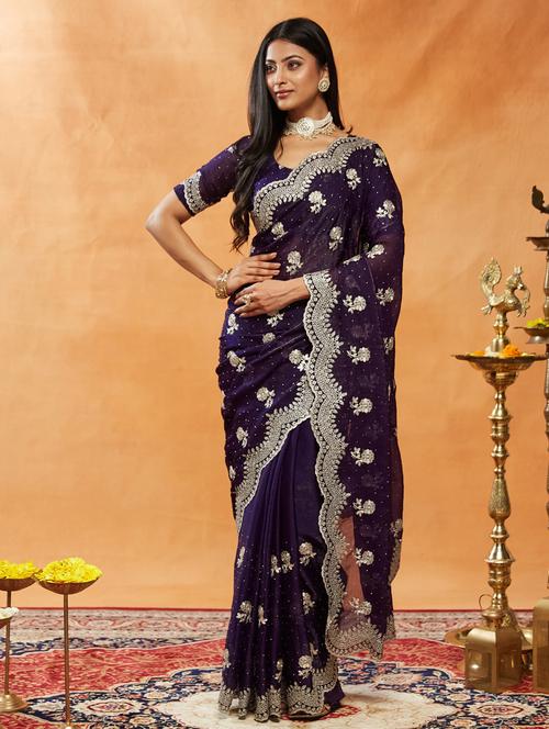 women solid with work embroidered saree with blouse - 21939003 - Very Small Image - 1