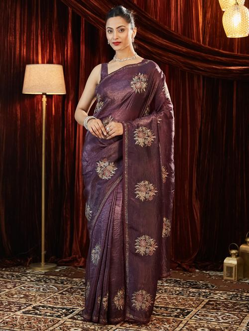 women solid with work embroidered saree with blouse - 21939114 - Very Small Image - 1