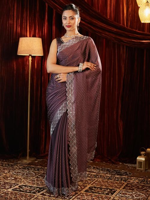 women solid with work embellished saree with blouse - 21939116 - Very Small Image - 1