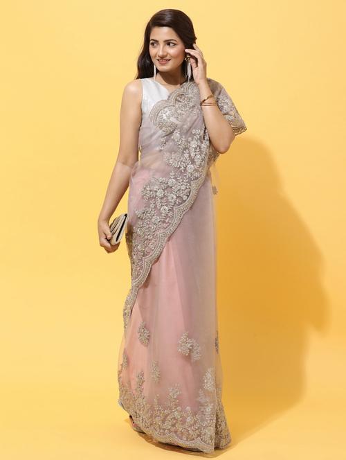 women solid with work embroidered saree with blouse - 21939139 - Very Small Image - 1