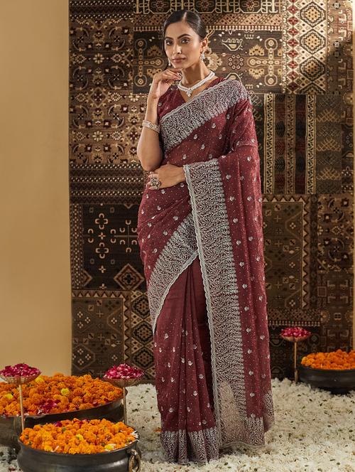 women solid with work embroidered saree with blouse - 21939150 - Very Small Image - 1