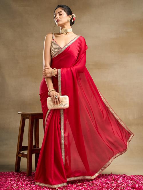 women solid with bordered saree with blouse - 21939154 - Very Small Image - 1
