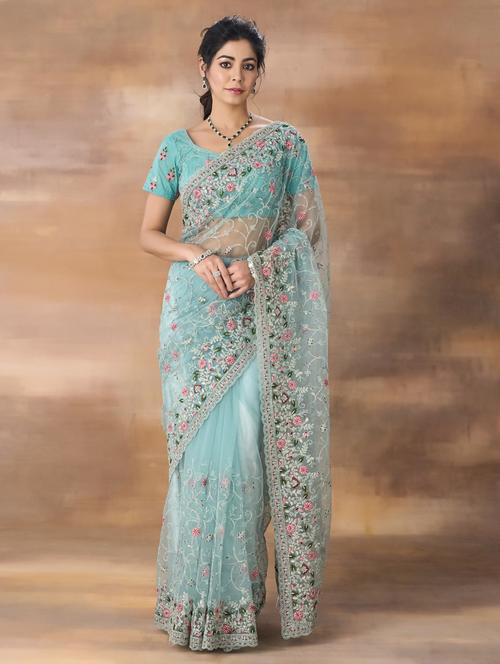 women solid with work embroidered saree with blouse - 21939166 - Very Small Image - 1