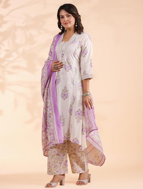 women three quarter sleeve kurta palazzo with dupatta set - 21939249 - Very Small Image - 1
