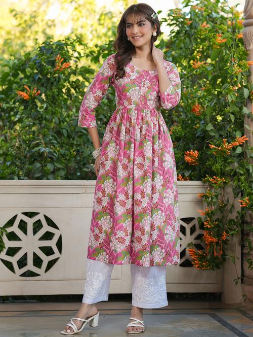 women pink three quarter sleeve a-line kurta  - 21939429 - Very Small Image - 1
