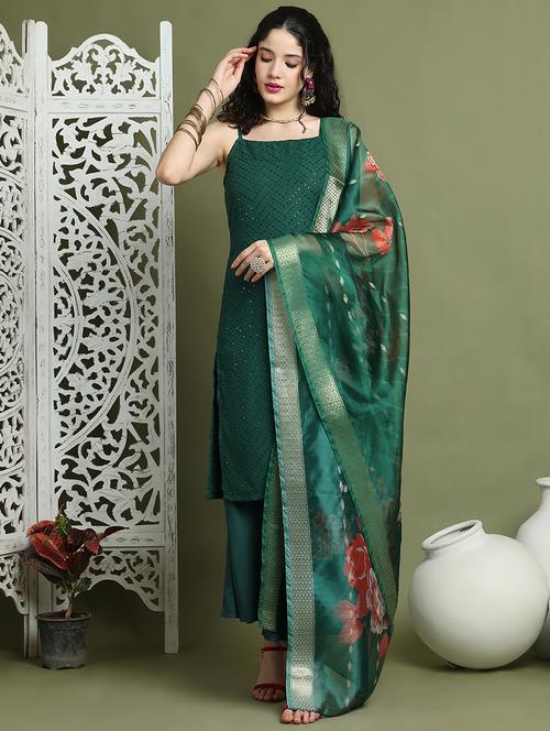 women embroidered sleeveless kurta palazzo with dupatta set - 21940065 - Very Small Image - 1