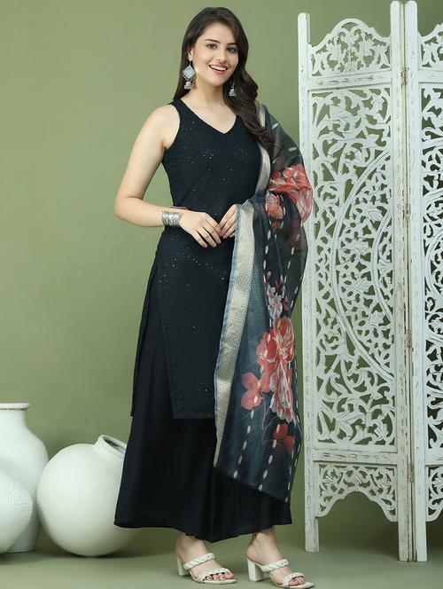 women embroidered sleeveless kurta palazzo with dupatta set - 21940066 - Very Small Image - 1