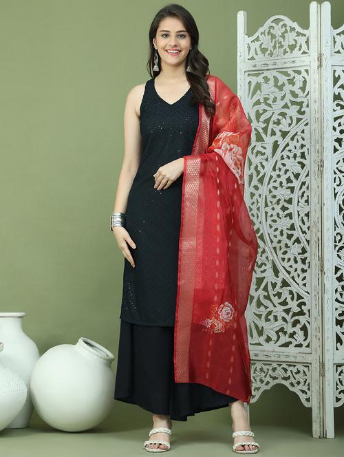 women embroidered sleeveless kurta palazzo with dupatta set - 21940067 - Very Small Image - 1