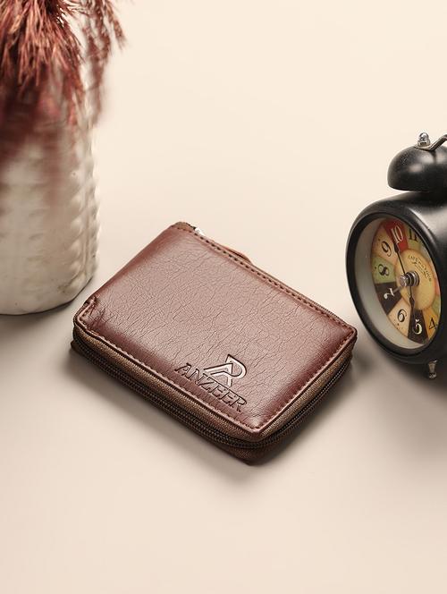 men's brown leather zippered stylish card wallet - 21940432 - Very Small Image - 1