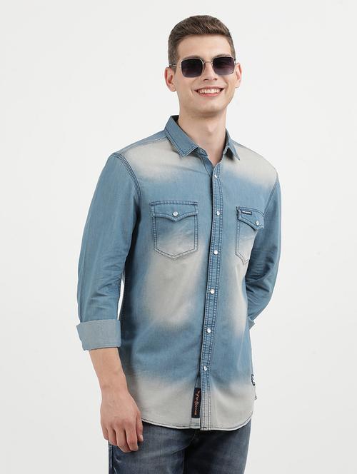 men faded long sleeve regular fit casual denim shirt - 21940470 - Very Small Image - 1