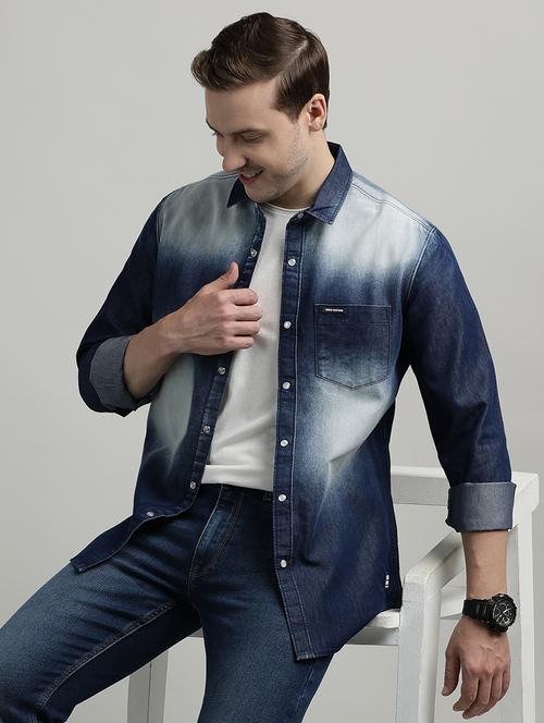 men navy blue long sleeve regular fit denim casual shirt - 21940472 - Very Small Image - 1