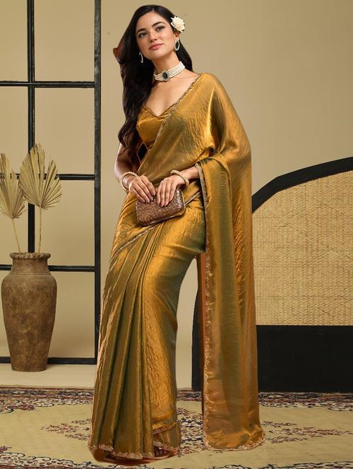women solid with bordered embellished saree with blouse - 21941342 - Very Small Image - 1