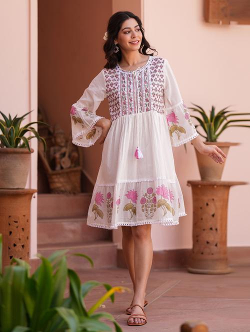 women three quarter sleeve tiered ethnic dress - 21941522 - Very Small Image - 1