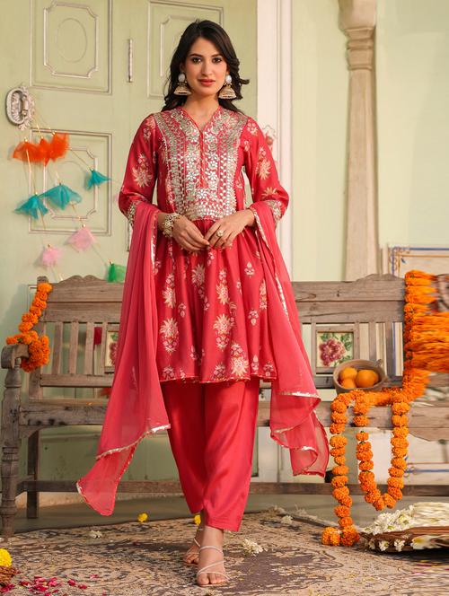 women three quarter sleeve anarkali kurta pant with dupatta set - 21941532 - Very Small Image - 1