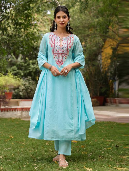 women three quarter sleeve anarkali kurta pant with dupatta set - 21941538 - Very Small Image - 1