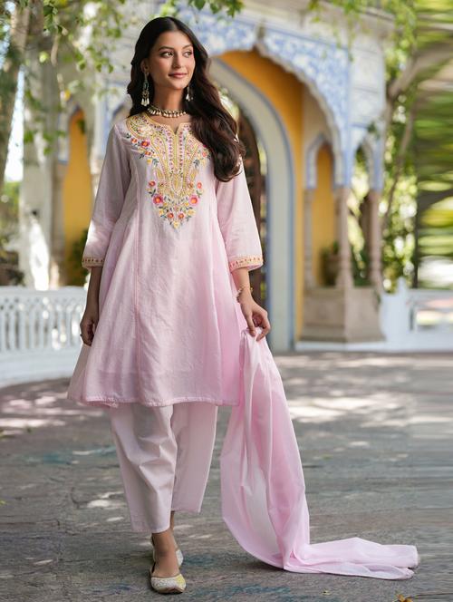 women three quarter sleeve anarkali kurta pant with dupatta set - 21941557 - Very Small Image - 1
