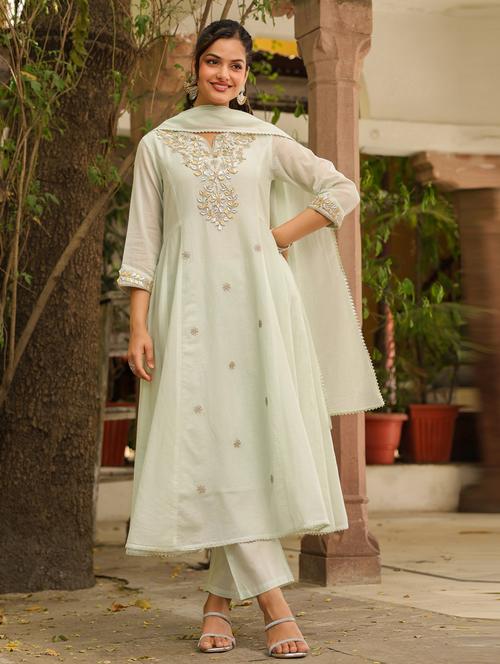women three quarter sleeve anarkali kurta pant with dupatta set - 21941566 - Very Small Image - 1