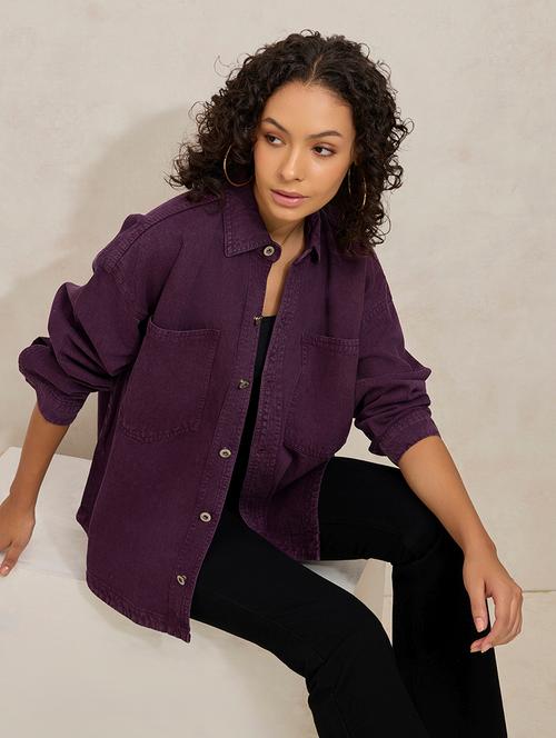 women solid long sleeve oversized denim shacket - 21941652 - Very Small Image - 1