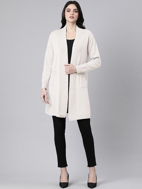 women cream solid long sleeve long shrug - 21941707 - Very Small Image - 1