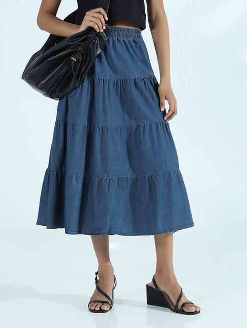 women solid mid rise denim tiered skirt - 21941769 - Very Small Image - 1