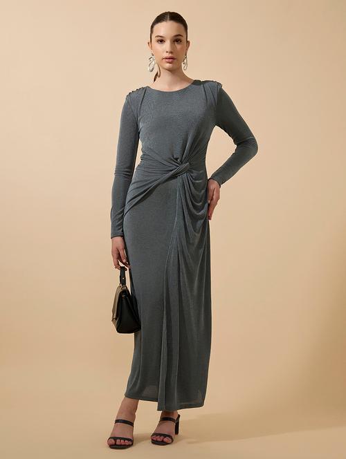 women solid twisted front long sleeves shaeth dress - 21941835 - Very Small Image - 1