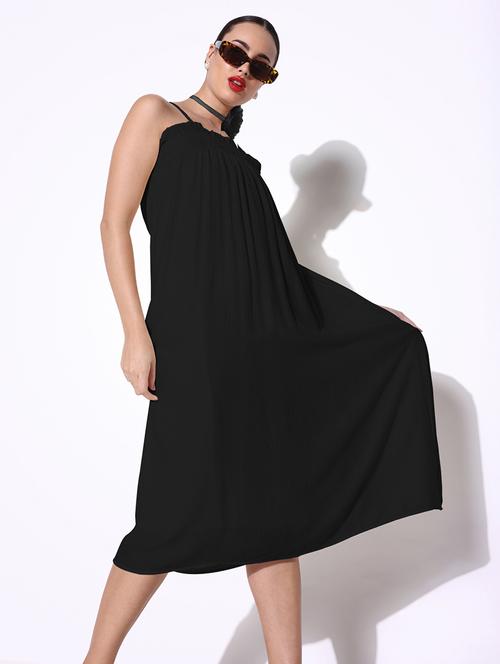 women black solid shoulder strap a-line dress - 21941864 - Very Small Image - 1