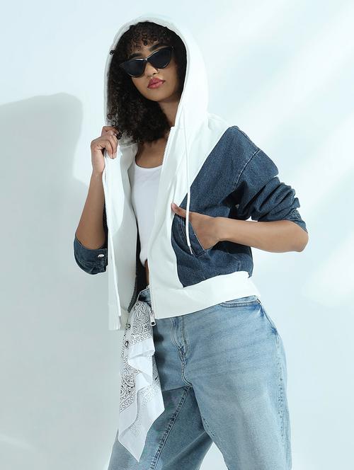women color blocked long sleeve hooded denim jacket - 21941867 - Very Small Image - 1