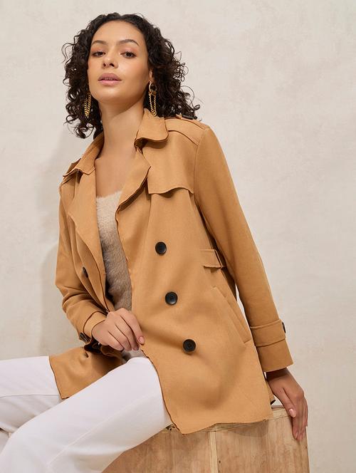 women solid notch lapel long sleeve trench coat - 21941871 - Very Small Image - 1