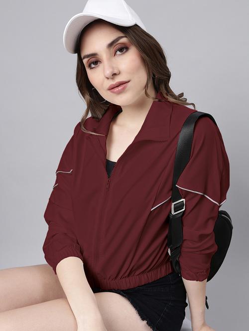 women maroon solid long sleeve crop jacket - 21941894 - Very Small Image - 1