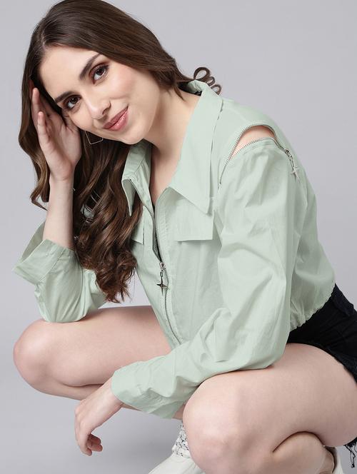 women solid collared long sleeve crop jacket - 21941897 - Very Small Image - 1