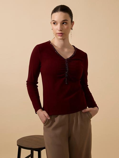 women maroon solid long sleeve regular top - 21941921 - Very Small Image - 1