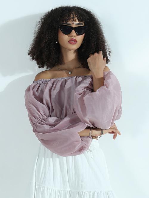 women solid off shoulder puff sleeve crop top - 21941922 - Very Small Image - 1