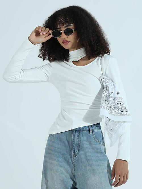 women solid long sleeve cut out asymmetric top - 21941933 - Very Small Image - 1