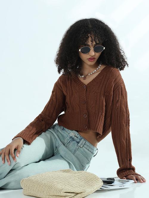 women brown solid long sleeve crop cardigan - 21941935 - Very Small Image - 1