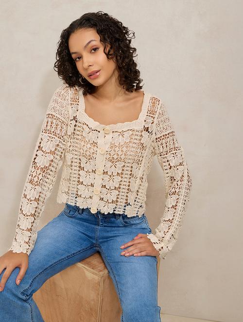 women cream long sleeve crochet crop top - 21941945 - Very Small Image - 1