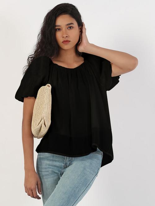 women black solid puff sleeve regular top - 21941961 - Very Small Image - 1