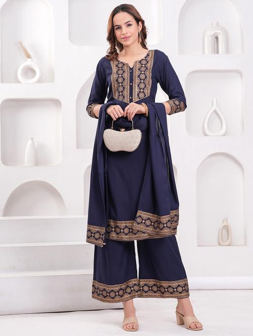 women three quarter sleeve kurta palazzo with dupatta set - 21942002 - Very Small Image - 1