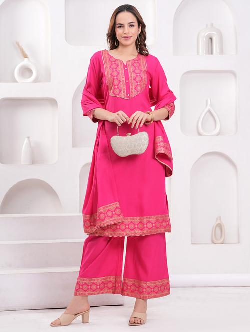 women three quarter sleeve kurta palazzo with dupatta set - 21942003 - Very Small Image - 1