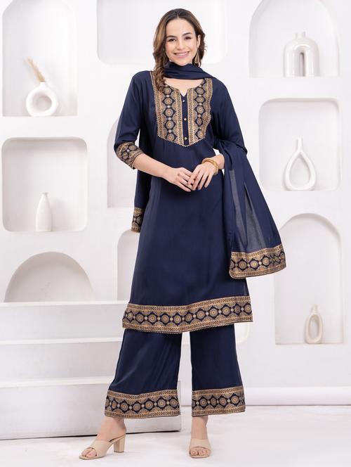 women three quarter sleeve kurta palazzo with dupatta set - 21942004 - Very Small Image - 1