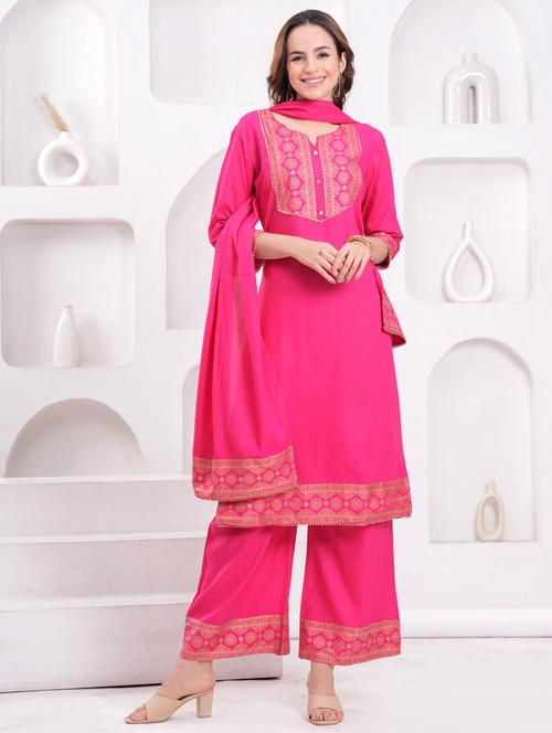 women three quarter sleeve kurta palazzo with dupatta set - 21942005 - Very Small Image - 1