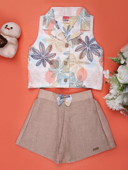 girls printed lapel collar top & shorts sets - 21943465 - Very Small Image - 1