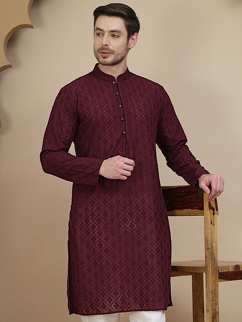 men embroidered mandarin neck long kurta - 21943622 - Very Small Image - 1