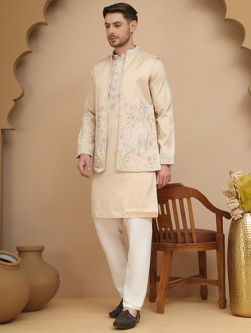 men mandarin neck kurta pyjama with jacket ethnic wear set - 21944460 - Very Small Image - 1