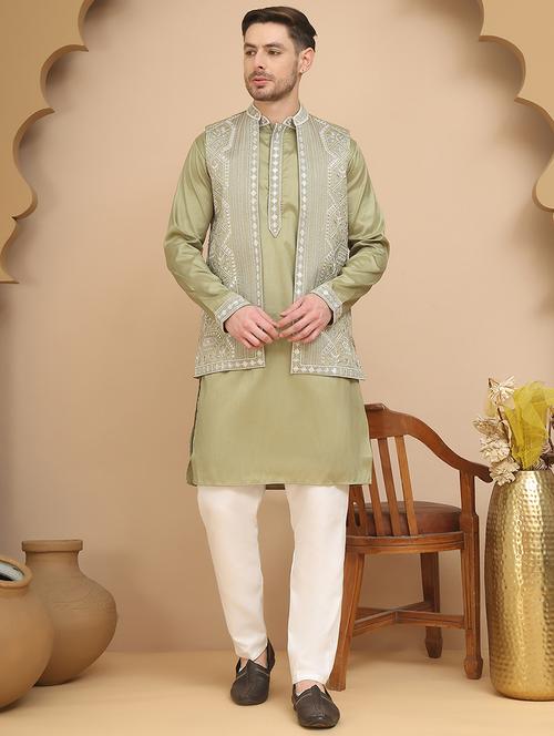 men mandarin neck kurta pyjama with jacket ethnic wear set - 21944462 - Very Small Image - 1