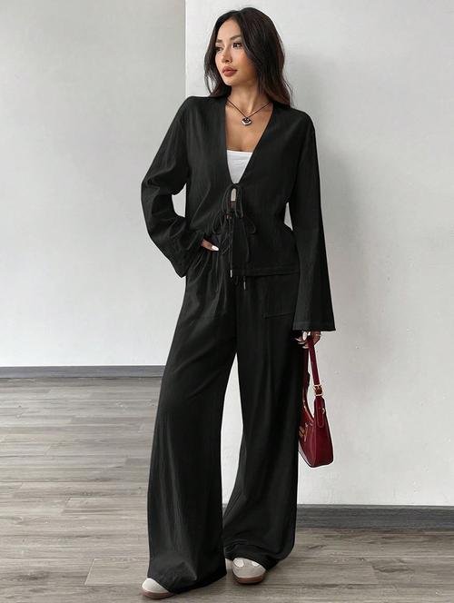 women solid top and trouser co-ord set - 21944489 - Very Small Image - 1