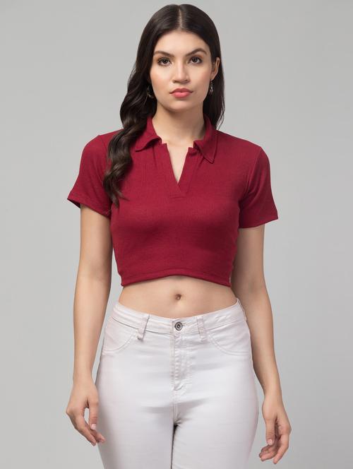 women solid short sleeve collared crop top - 21944506 - Very Small Image - 1