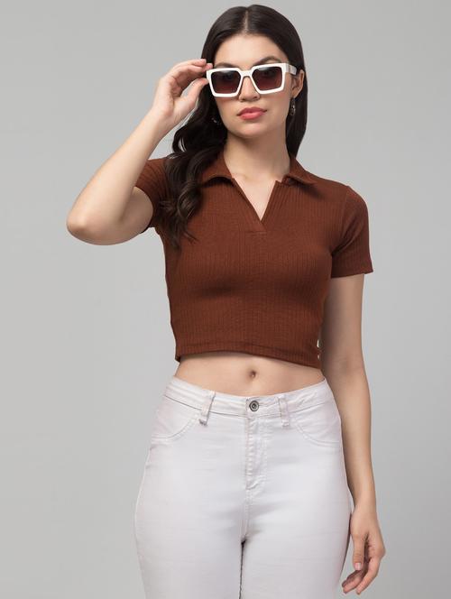 women solid short sleeve collared crop top - 21944533 - Very Small Image - 1