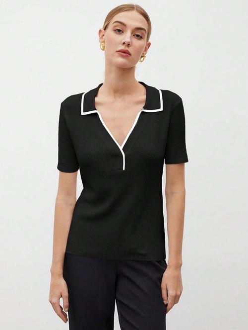 women black solid short sleeve collared reguar top - 21944600 - Very Small Image - 1