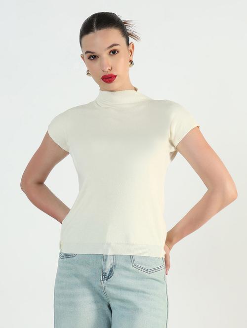 women cream solid high rise regular fit top - 21946362 - Very Small Image - 1