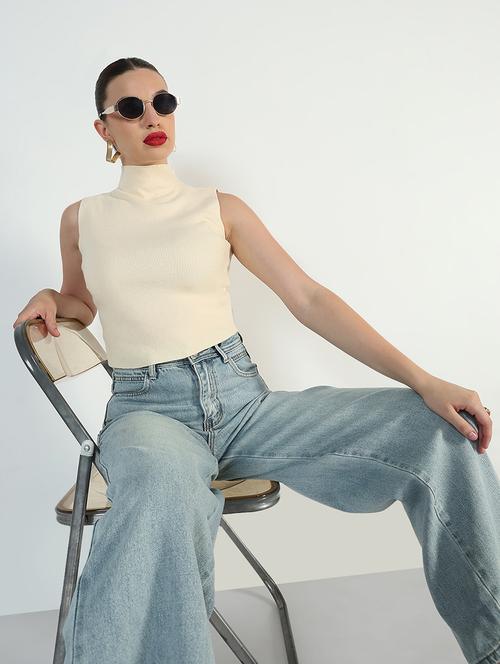 women cream solid high rise sleeveless top - 21946365 - Very Small Image - 1